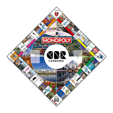 Front view of a game box titled 'Monopoly CBR Canberra' with a collage of photos with Canberra icons.