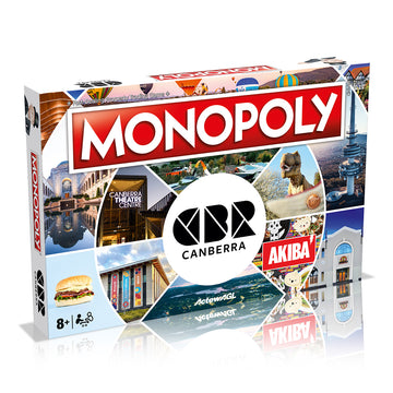 Front view of a game box titled 'Monopoly CBR Canberra' with a collage of photos with Canberra icons.