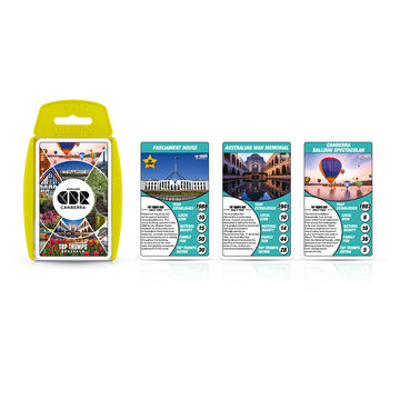 A card game titled 'Canberra Top Trumps' with images of Canberra icons on the front and three cards next to the box.