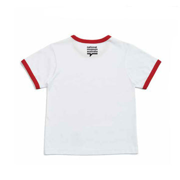 Front view of a white tshirt with red trim around the collar and sleeves. There is an illustration of Mr Squiggle in the middle.