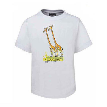 Front view of a kids white tshirt and an illustration of two giraffes with the text 'Chip & Chunk'.