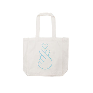 White tote bag with blue hand and heart design on a white background.