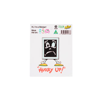 Sticker with a cartoon character Blackboard from Mr Squiggle and text 'Hurry Up!' on a white background.