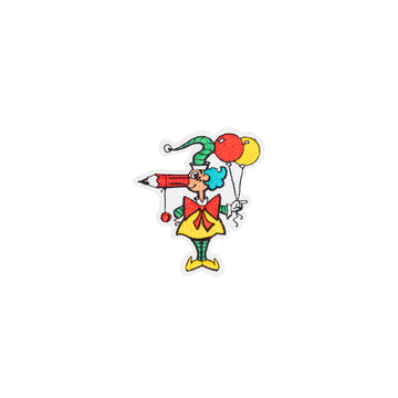 An embroidered patch of Mr Squiggle holding balloons.