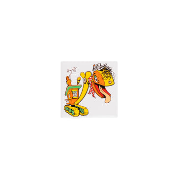 A cartoon character of a steam shovel on a square white magnet.