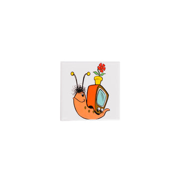 Cartoon snail with a TV shell holding a flower on a white background
