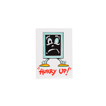 Blackboard cartoon character with a stressed expression and 'Hurry Up!' text on a white background