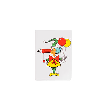 Colorful illustration of a Mr Squiggle holding balloons on a white background