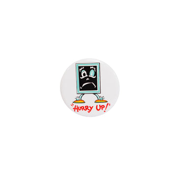 Button badge with Blackboard cartoon character and 'Hurry Up!' text on a white background