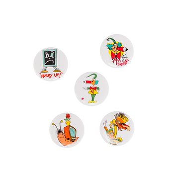 Button badge with a cartoon character wearing a green hat and colorful outfit on a white background