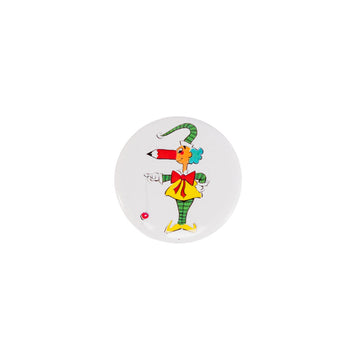 Button badge with a cartoon character wearing a green hat and colorful outfit on a white background