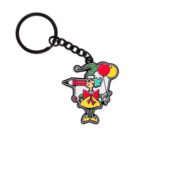 A keyring with a Mr Squiggle shaped charm hanging off it.