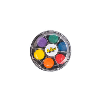A picture of a watercolour set with six colours and the Mr Squiggle logo in the middle.