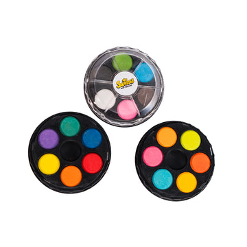 A picture of a watercolour set with six colours and the Mr Squiggle logo in the middle.