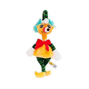 Colorful plush toy with of Mr Squiggle  on a white background.