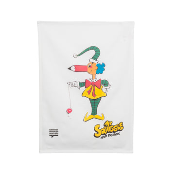 Cartoon character with a pencil for a nose on a white background, featuring the National Museum of Australia logo.