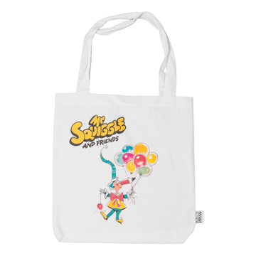 Tote bag with 'Mr. Squiggle and Friends' design featuring a character holding balloons on a white background.