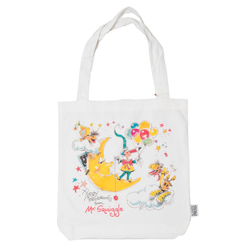 A white tote bag with an illustration of Mr Squiggle on a moon holding balloons and surrounded by his friends.