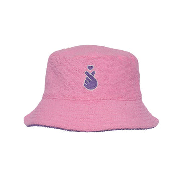 Purple bucket hat with a pink embroidered finger heart design on a white background.