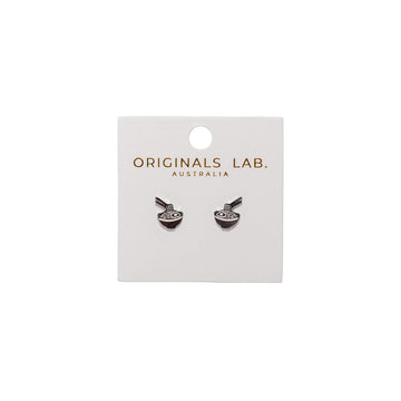 Pair of earrings shaped like noodle bowls on a 'Originals Lab.' branded card against a white background.