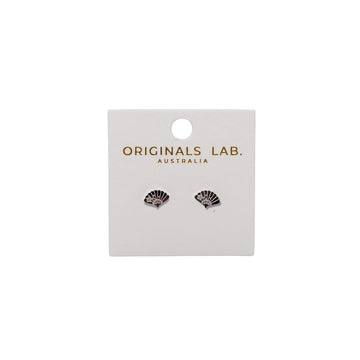Pair of fan shaped earrings on a card with 'Originals Lab Australia' branding.