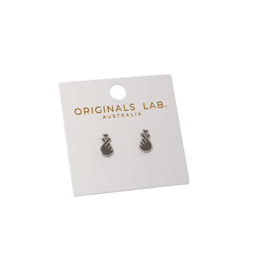 Pair of earrings shaped like a finger heart on a 'Originals Lab Australia' branded card against a white background.