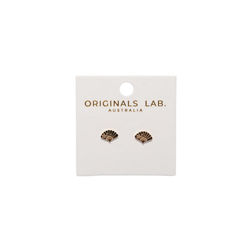 Pair of gold fan shaped earrings on a 'Originals Lab.' branded card against a white background.