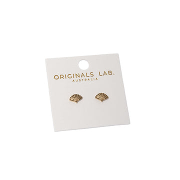 Pair of gold fan shaped earrings on a 'Originals Lab.' branded card against a white background.