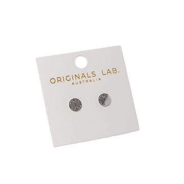 Pair of earrings on a 'Originals Lab Australia' branded card against a white background.