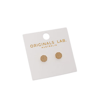 Gold earrings on a 'Originals Lab Australia' branded card against a white background