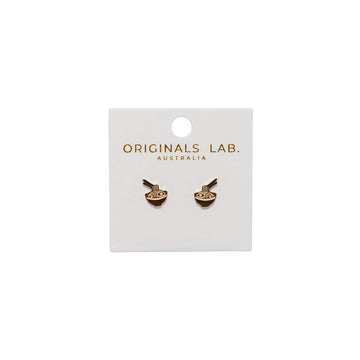 Pair of gold earrings shaped like a noodle bowl on a 'Originals Lab.' branded card against a white background.