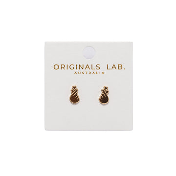 Pair of earrings shaped like a finger heart on a 'Originals Lab. Australia' branded card.
