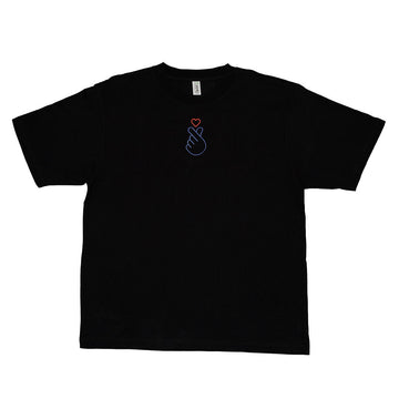 Black t-shirt with a blue and red embroidered hand and heart on a white background.