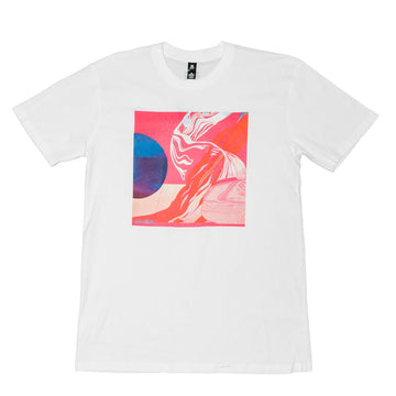 White t-shirt with a colorful abstract pink design on a white background.