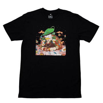 Black t-shirt with a colorful graphic of a duck wearing a hat on a white background.