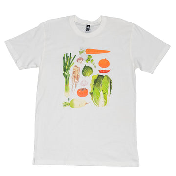 White t-shirt with vegetable graphic on a white background.