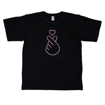 Black t-shirt with pink hand gesture and heart design on a white background.