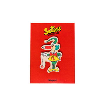 A wooden magnet shaped like Mr Squiggle attached to a red card.