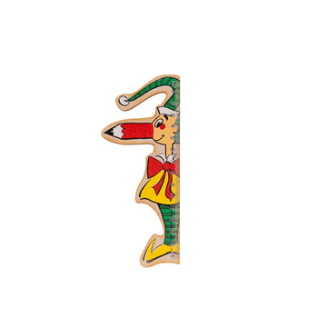 A 15cm wooden ruler shaped like Mr Squiggle standing upright.