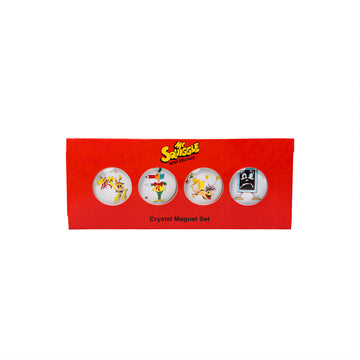 A set of four round magnets attached to a red card. Each magnet has an illustration of Mr Squiggle and his friends.