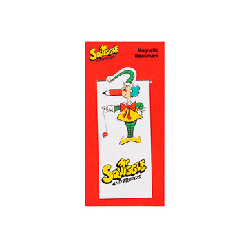A white magnetic bookmark with an illustration of Mr Squiggle attached to a red card.