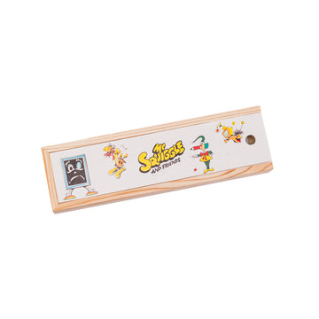 A wooden stationery box illustrated with Mr Squiggle and his friends.
