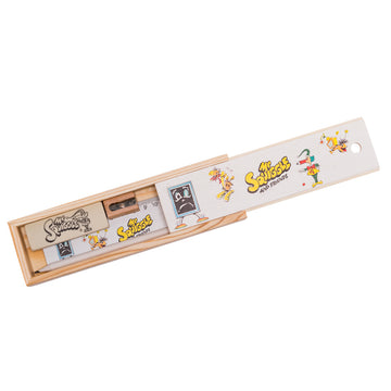 A wooden stationery box illustrated with Mr Squiggle and his friends.