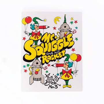 'Mr Squiggle and his Rocket' activity book cover featuring two illustrations of Mr Squiggle and a rocket.