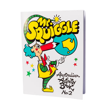 'Mr Squiggle Activity Book No 2' cover featuring an illustration of Mr Squiggle holding the planet earth. 