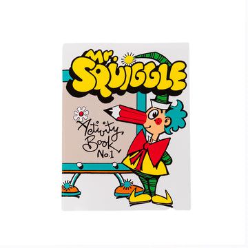 'Mr Squiggle Activity Book No. 1' cover featuring an illustration of Mr Squiggle next to blackboard.