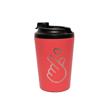 Red travel mug with black lid featuring a hand gesture and heart design on a white background.