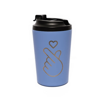 Blue travel mug with a black lid featuring a design of a hand with a heart on a white background.