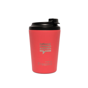 Red travel mug with black lid featuring a hand gesture and heart design on a white background.
