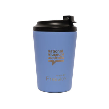 Blue travel mug with a black lid featuring a design of a hand with a heart on a white background.